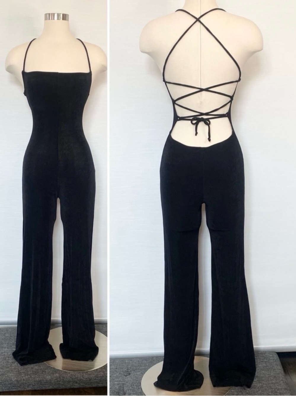 90s Frederick’s of Hollywood Catsuit Slinky Black Vintage Halter Corset Jumpsuit